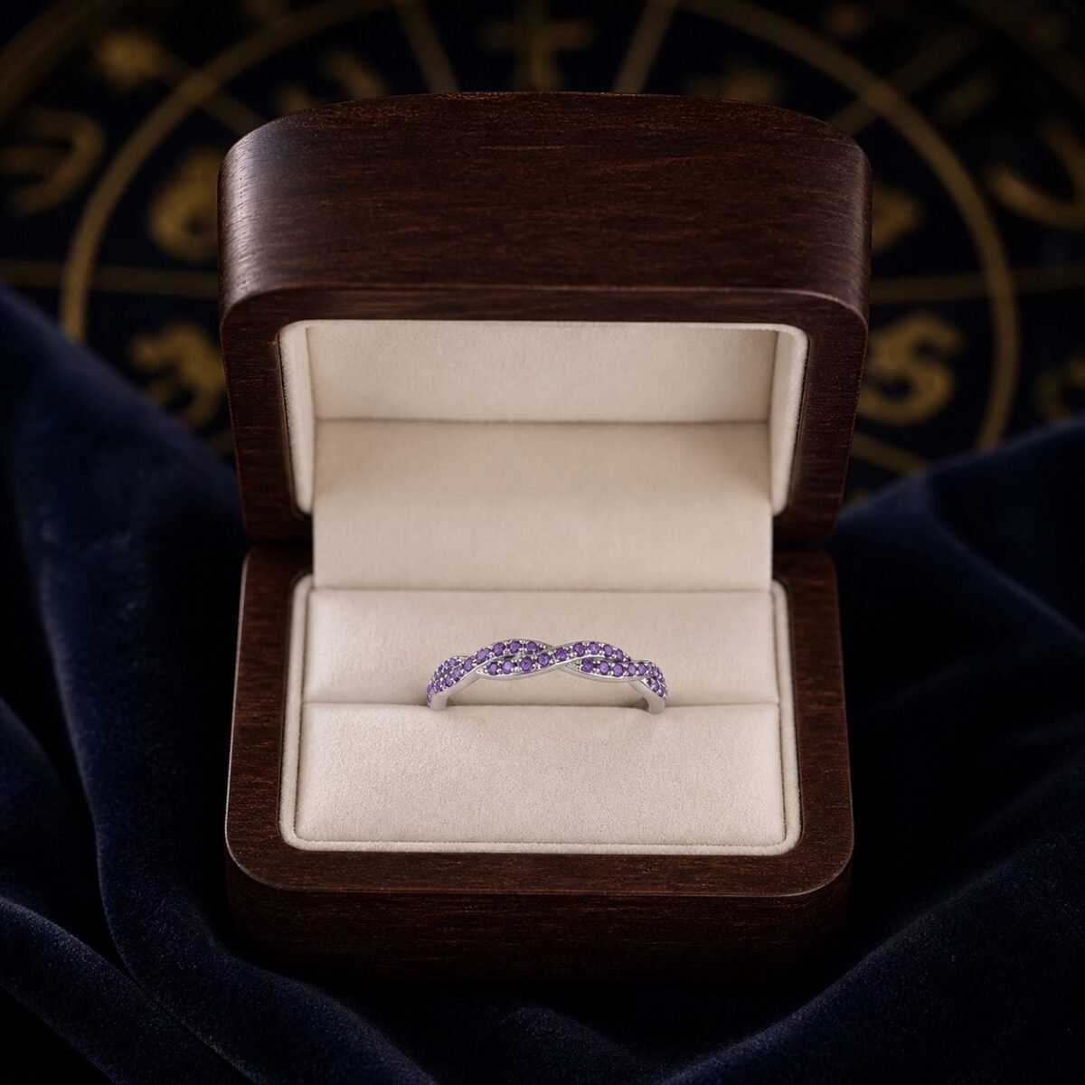 February Amethyst Birthstone Wave Pavé Adjustable Ring – Silver