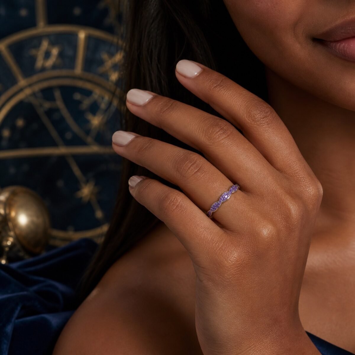 February Amethyst Birthstone Wave Pavé Adjustable Ring – Silver