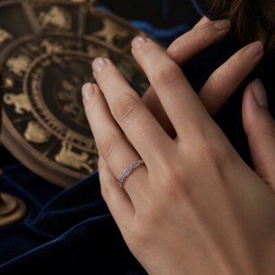 February Amethyst Birthstone Wave Pavé Adjustable Ring – Silver