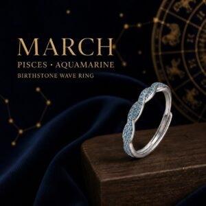 Silver Birthstone Wave Pavé Adjustable Rings - March