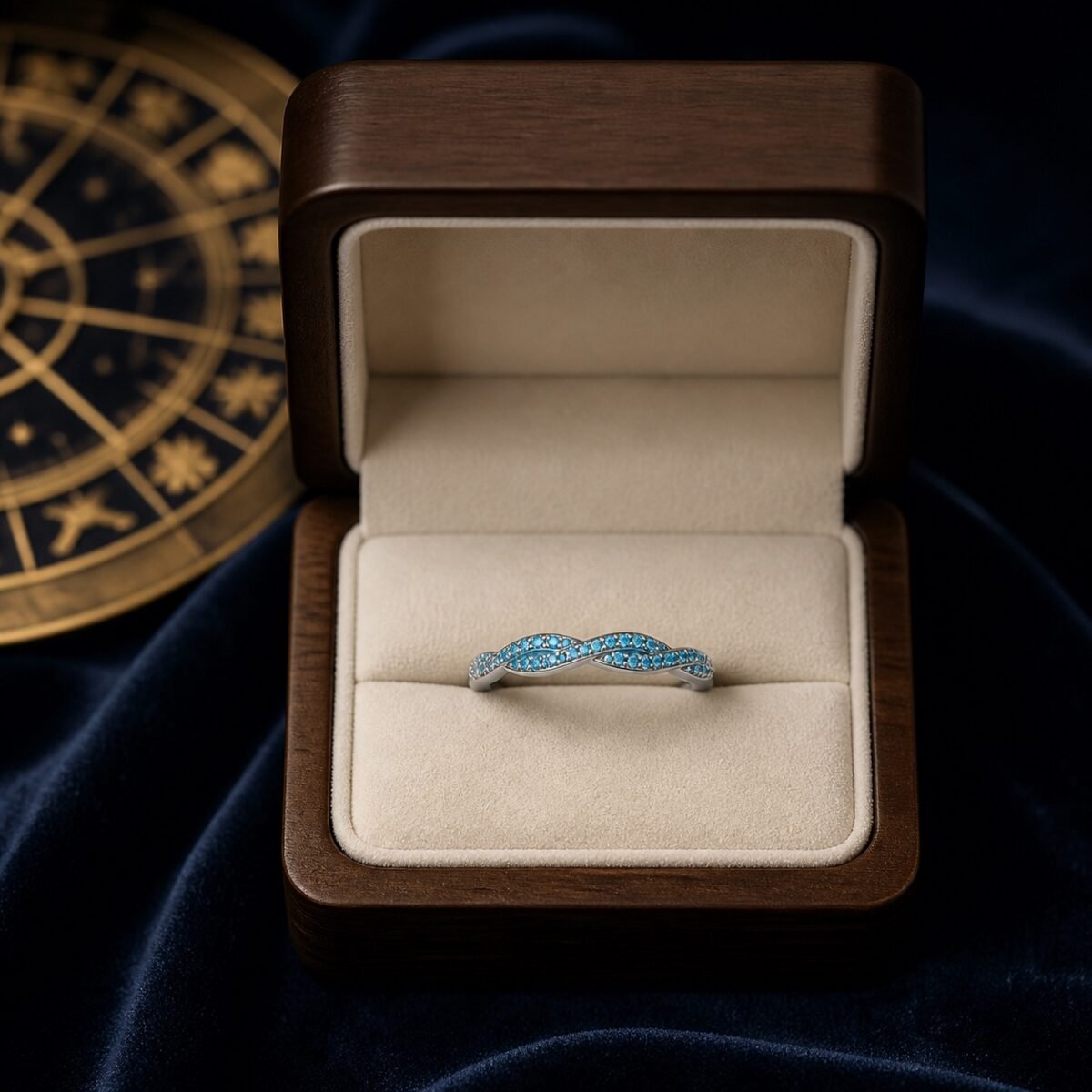 birthstone-wave-pave-ring-03-march-aquamarine-box March aquamarine birthstone ring with aquamarine-colour pavé crystals and a silver-tone wave band
