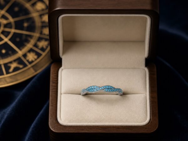 March aquamarine birthstone ring with aquamarine-colour pavé crystals and a silver-tone wave band