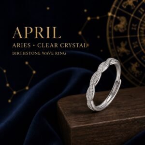 Silver Birthstone Wave Pavé Adjustable Rings - April