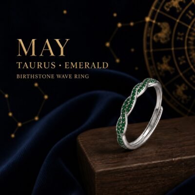 May Emerald Birthstone Wave Pavé Adjustable Ring – Silver