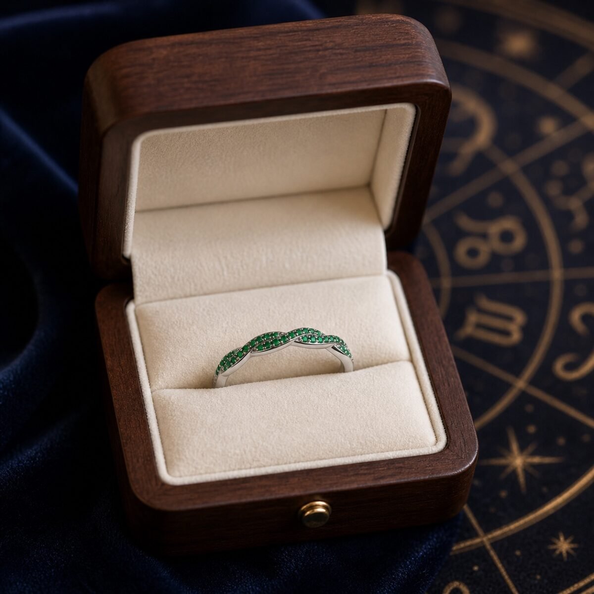May emerald birthstone ring in an open jewellery box
