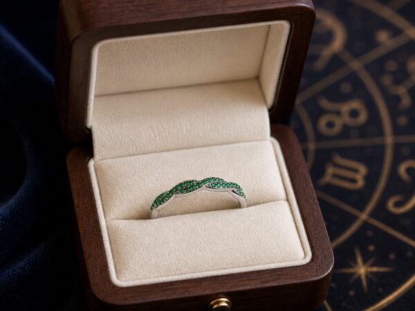 May emerald birthstone ring in an open jewellery box