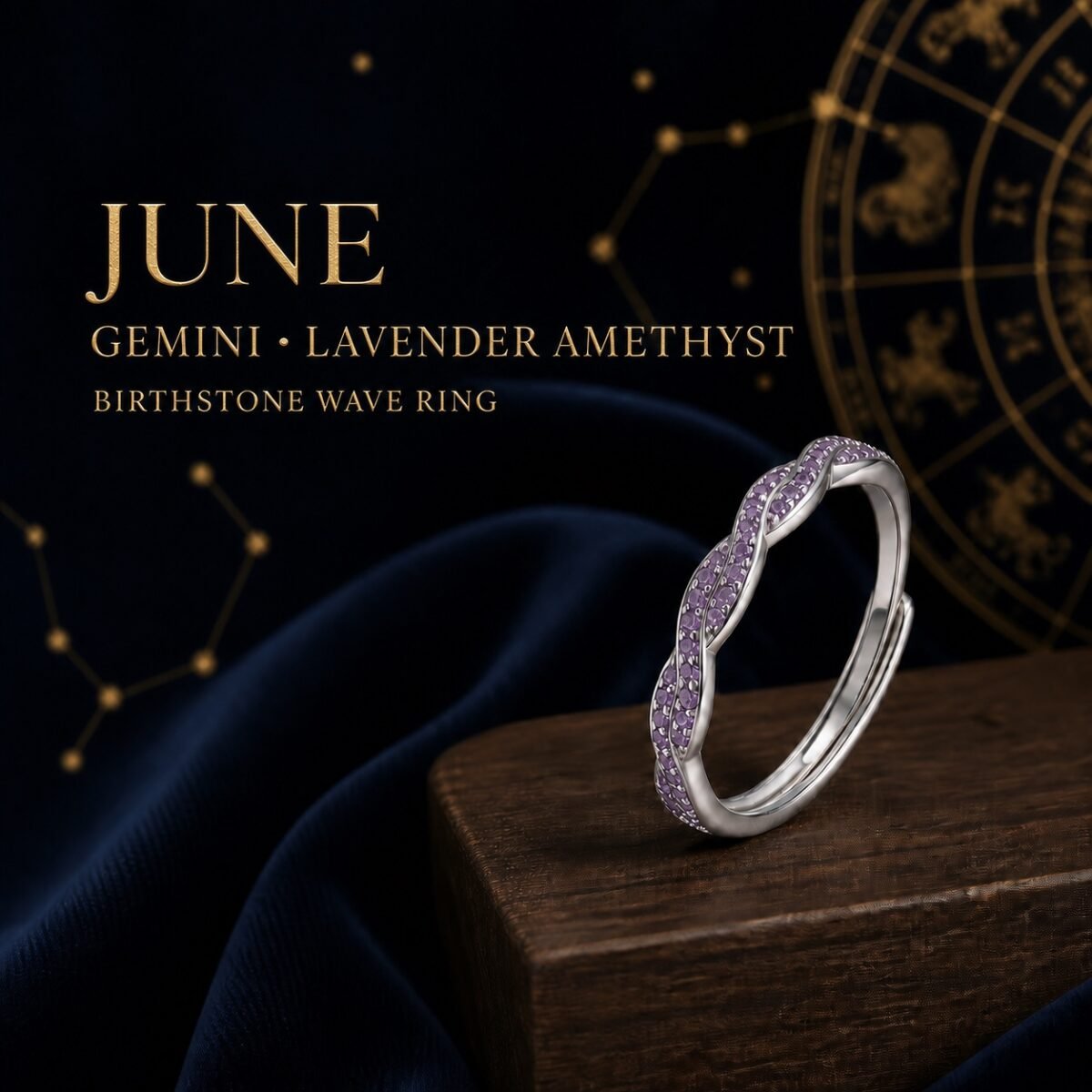 birthstone-wave-pave-ring-06-june-lavender-amethyst June Lavender Amethyst Birthstone Wave Pavé Adjustable Ring – Silver