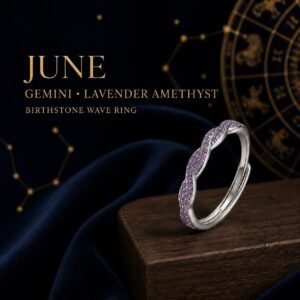 Silver Birthstone Wave Pavé Adjustable Rings - June