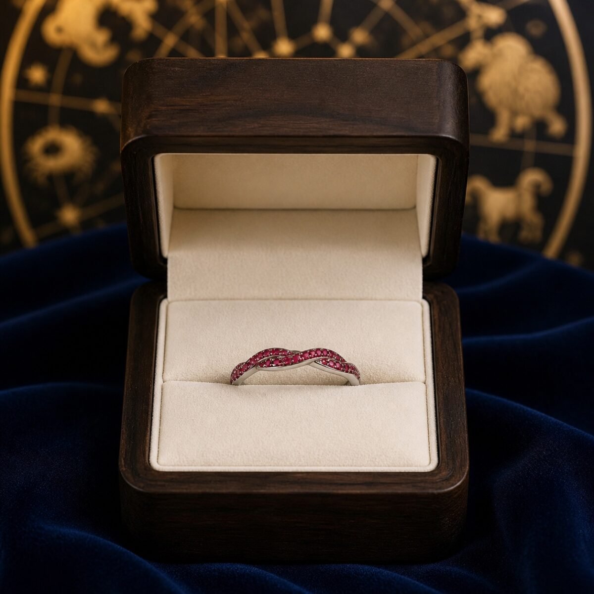 birthstone-wave-pave-ring-07-july-ruby-box July Ruby Birthstone Wave Pavé Adjustable Ring – Silver