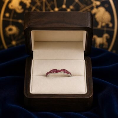 birthstone-wave-pave-ring-07-july-ruby-box July Ruby Birthstone Wave Pavé Adjustable Ring – Silver