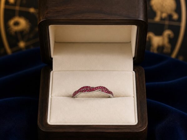 birthstone-wave-pave-ring-07-july-ruby-box July Ruby Birthstone Wave Pavé Adjustable Ring – Silver