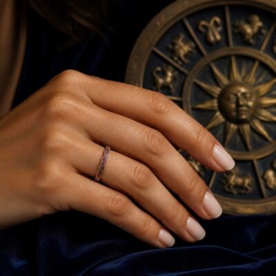 birthstone-wave-pave-ring-07-july-ruby-wear-light July Ruby Birthstone Wave Pavé Adjustable Ring – Silver