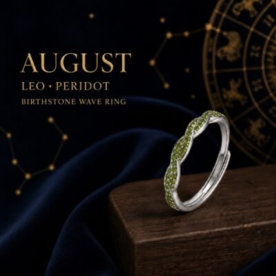 August Peridot Birthstone Wave Pavé Adjustable Ring – Silver