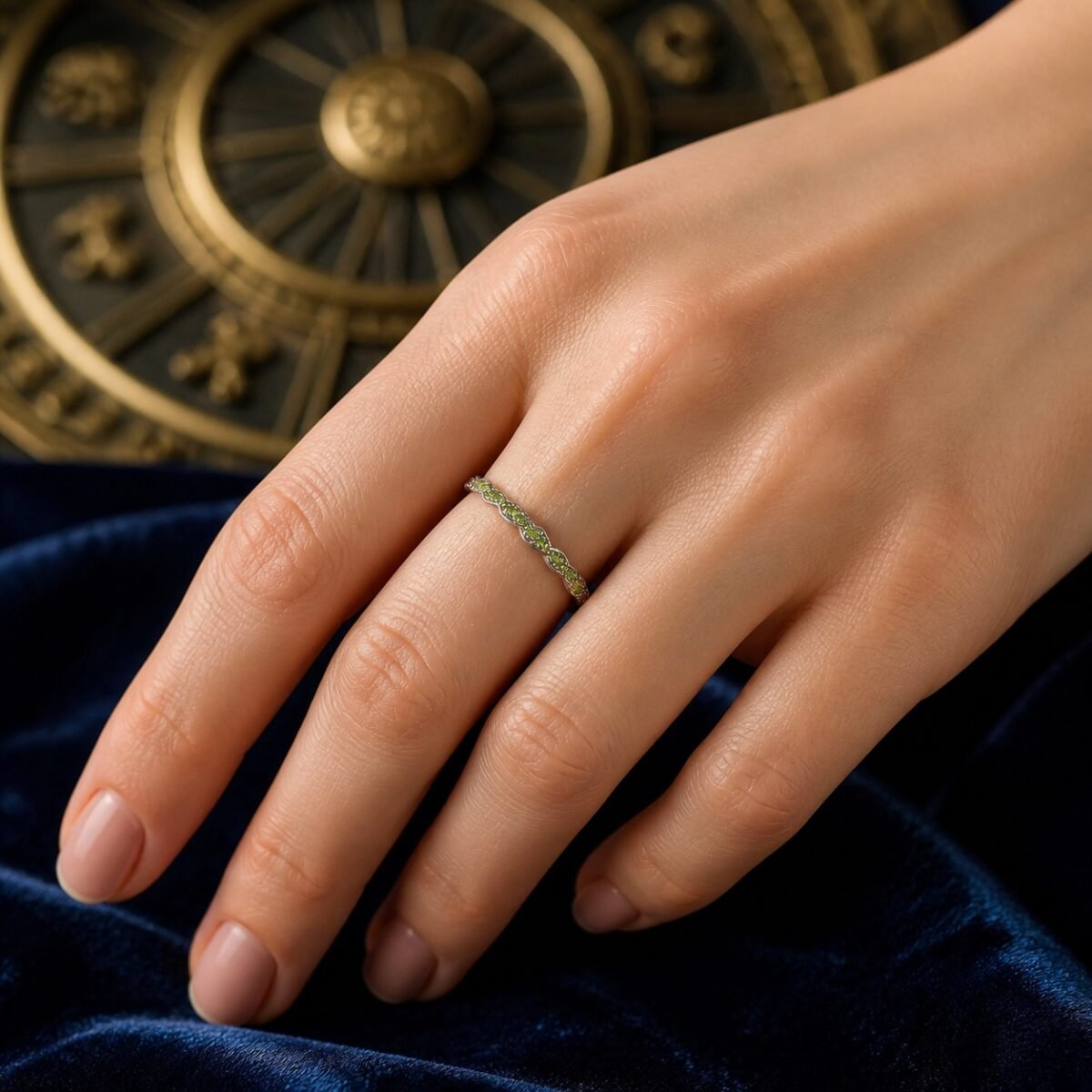August Peridot Birthstone Wave Pavé Adjustable Ring – Silver