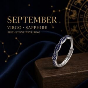 Silver Birthstone Wave Pavé Adjustable Rings - September