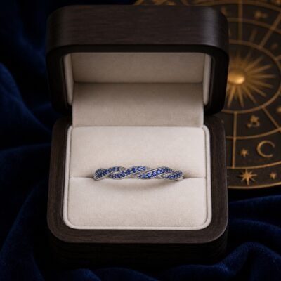 September Sapphire Birthstone Wave Pavé Adjustable Ring – Silver