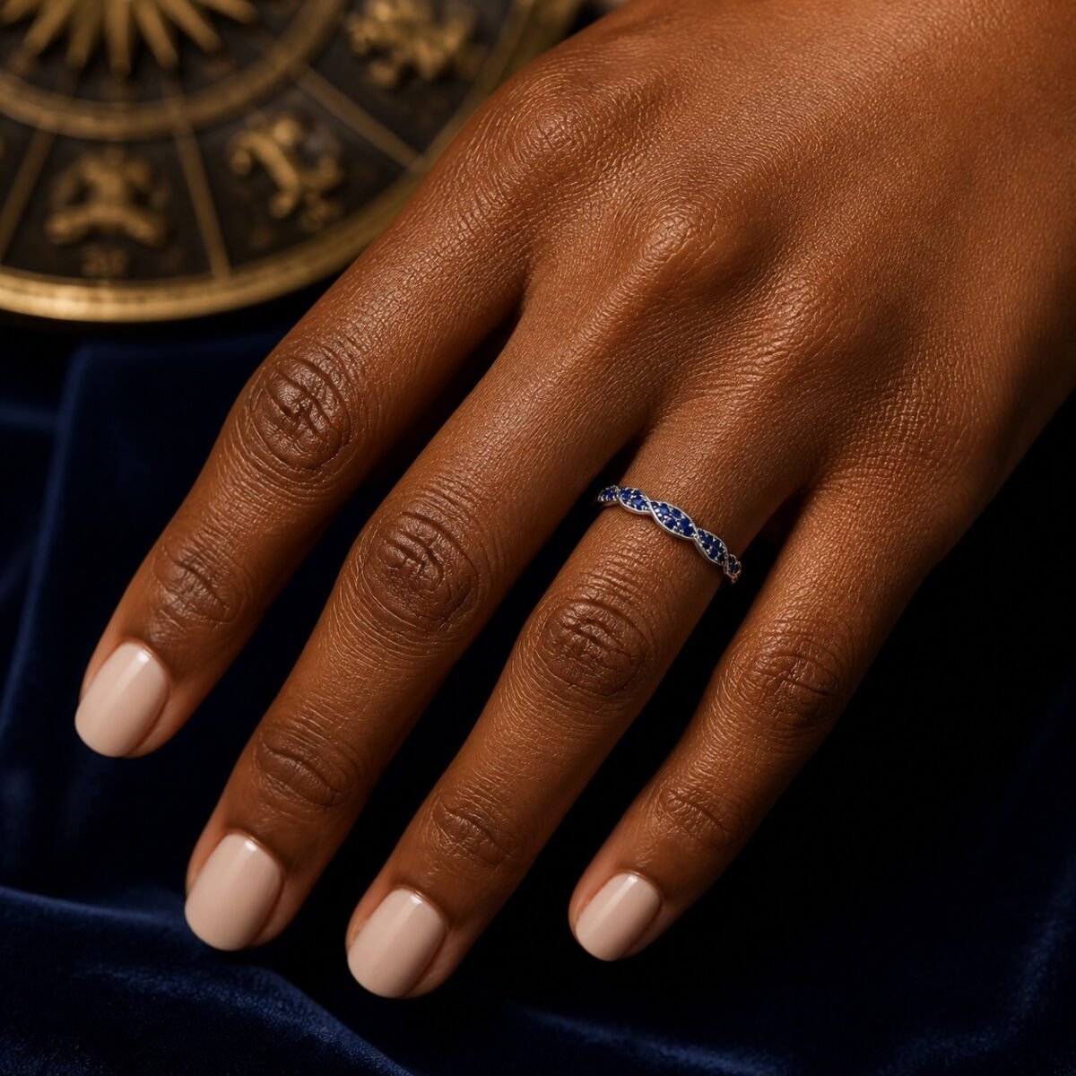 September Sapphire Birthstone Wave Pavé Adjustable Ring – Silver