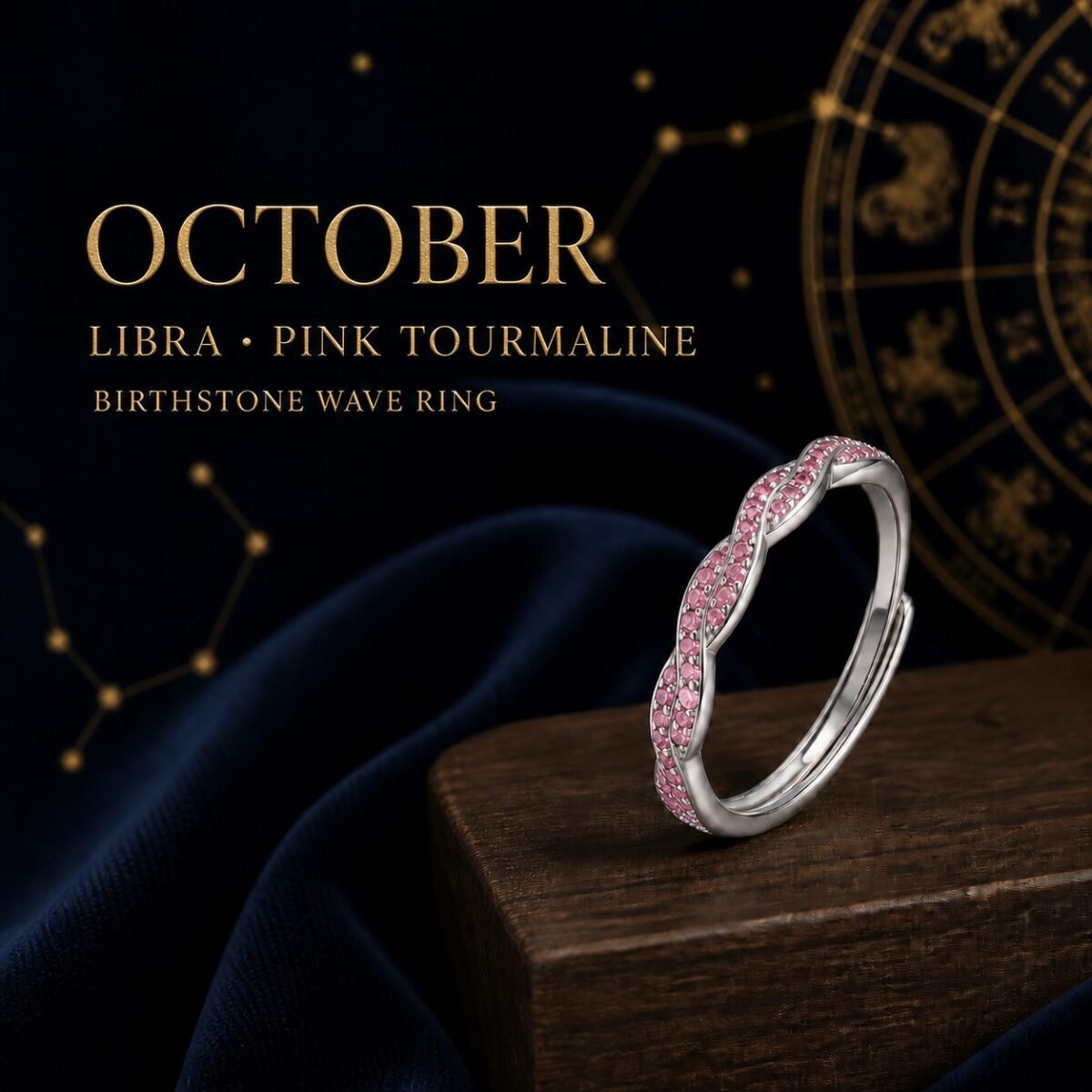 birthstone-wave-pave-ring-10-october-pink-tourmaline October Pink Tourmaline Birthstone Wave Pavé Adjustable Ring – Silver