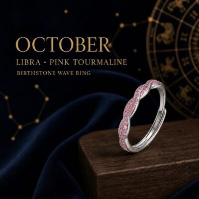 birthstone-wave-pave-ring-10-october-pink-tourmaline October Pink Tourmaline Birthstone Wave Pavé Adjustable Ring – Silver