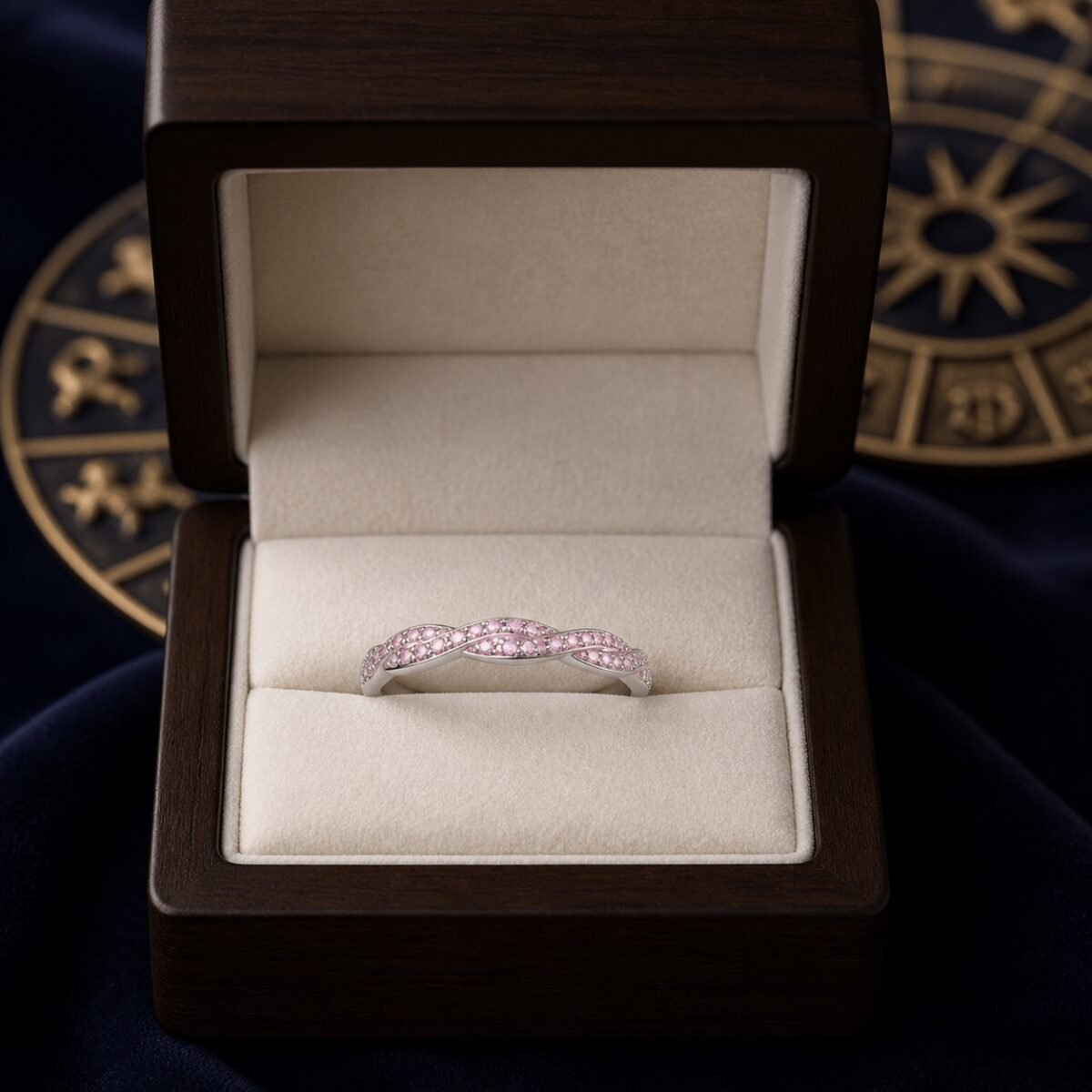 birthstone-wave-pave-ring-10-october-pink-tourmaline-box October Pink Tourmaline Birthstone Wave Pavé Adjustable Ring – Silver
