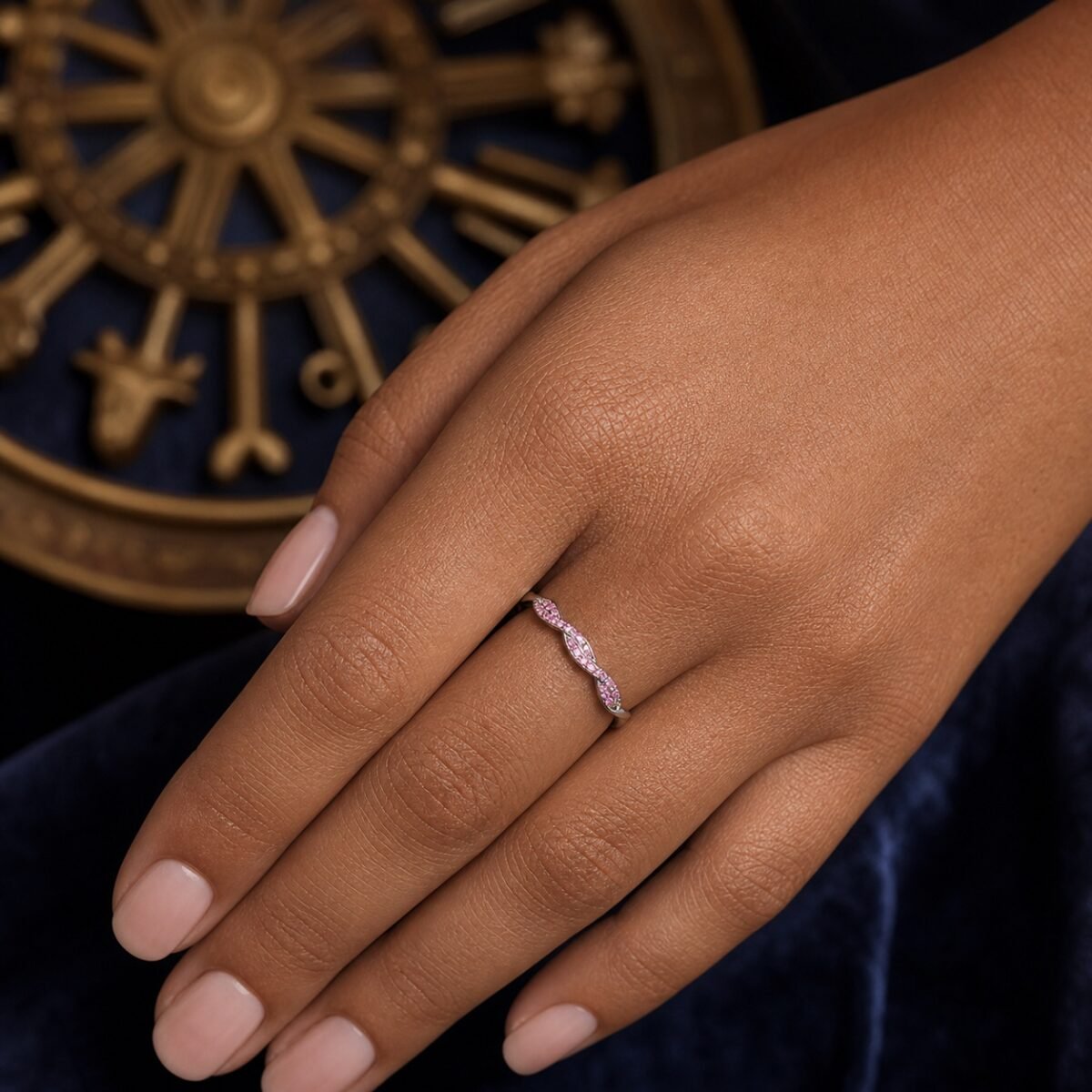 birthstone-wave-pave-ring-10-october-pink-tourmaline-wear-deep October Pink Tourmaline Birthstone Wave Pavé Adjustable Ring – Silver