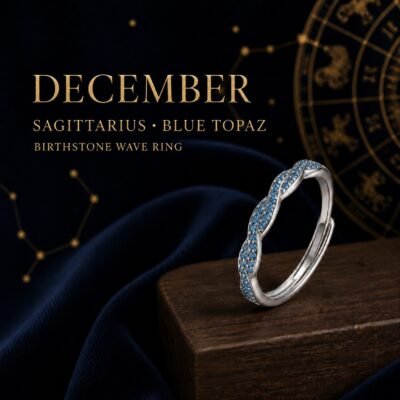 December Blue Topaz Birthstone Wave Pavé Adjustable Ring – Silver