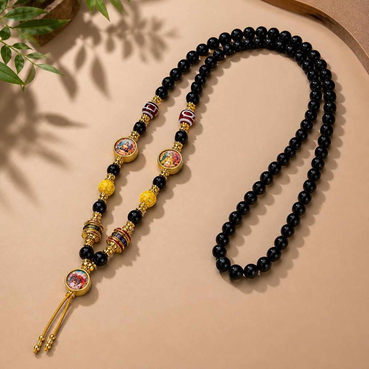 Black Agate Thangka Protection Pendant Chain with striped prayer beads and gold-tone tassel