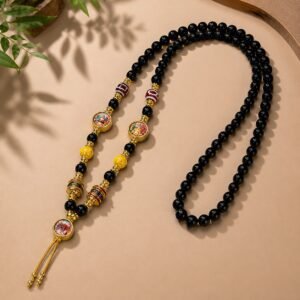 Black Agate Thangka Protection Pendant Chain with striped prayer beads and gold-tone tassel