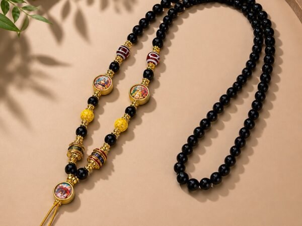 Black Agate Thangka Protection Pendant Chain with striped prayer beads and gold-tone tassel