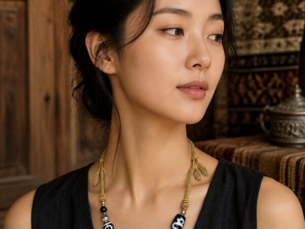Treasure Vase Dzi Necklace with black-and-ivory 38 mm focal bead and adjustable cord