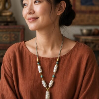 Snowland White Eight-Eye Dzi Necklace