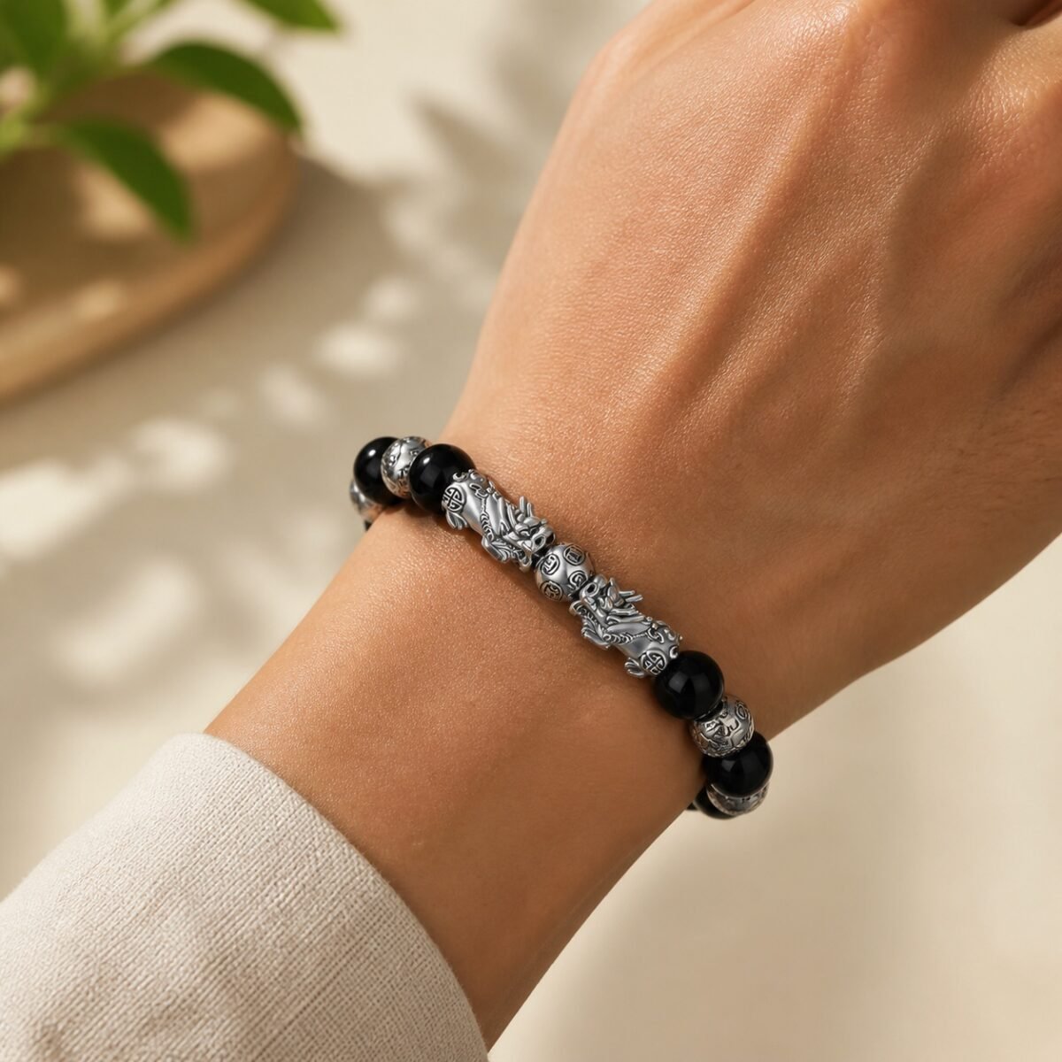 black-obsidian-silver-pixiu-wealth-bracelet-02-wearing Prosperity Guardian Obsidian Pixiu Bracelet