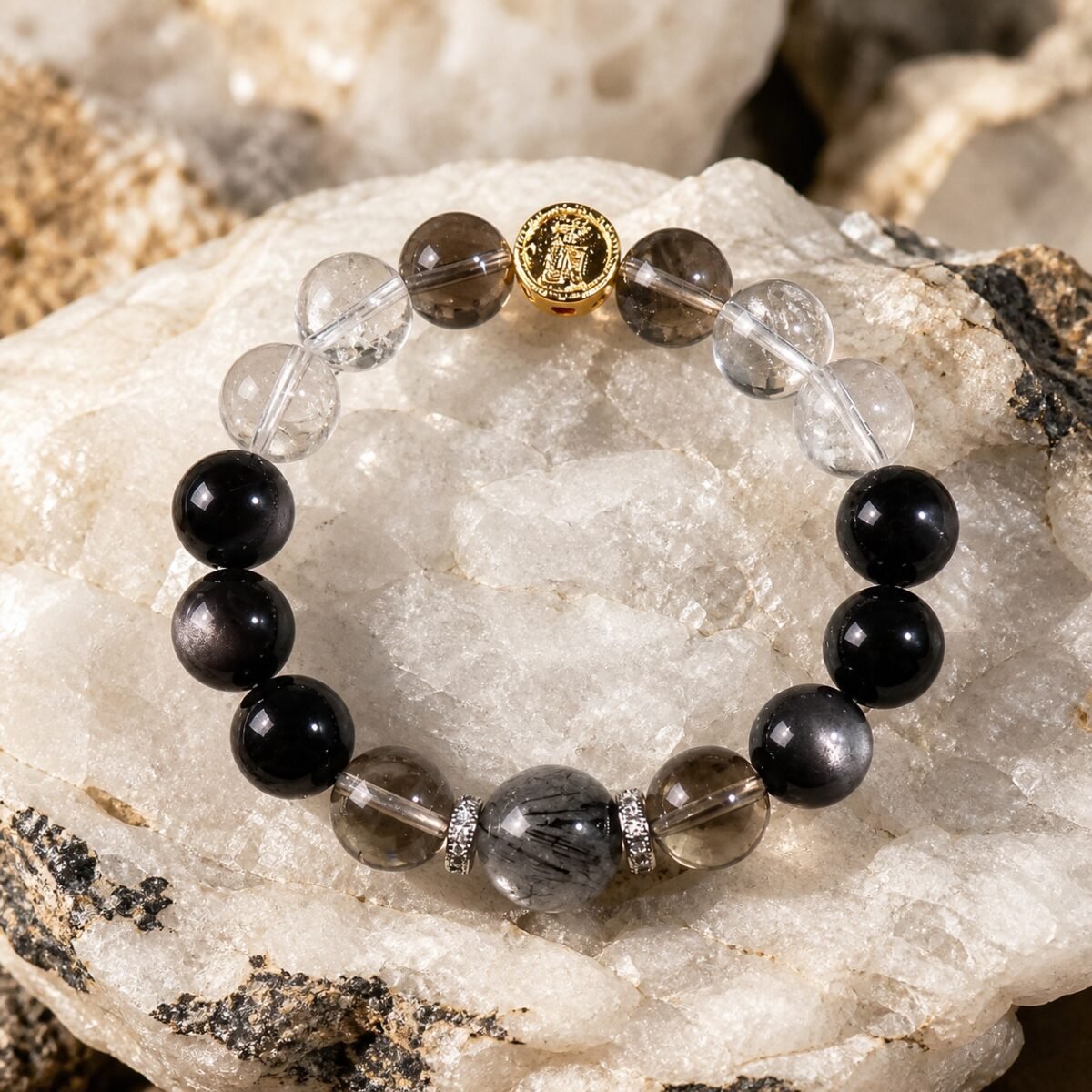 black-rutilated-quartz-guardian-bracelet-01-main Black Rutilated Quartz Guardian Bracelet with natural quartz and silver-sheen obsidian beads