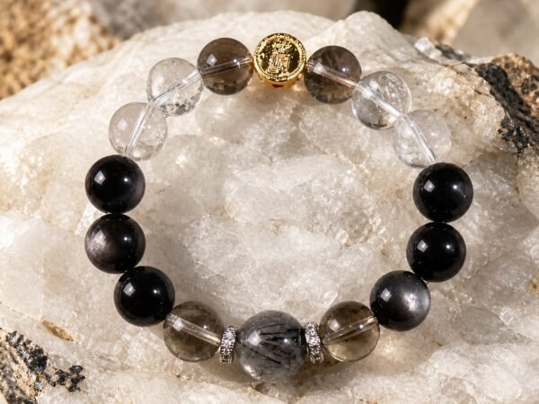Black Rutilated Quartz Guardian Bracelet with natural quartz and silver-sheen obsidian beads