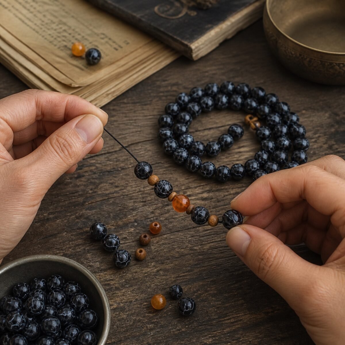 Premium Natural Black-Veined Turquoise Beads for DIY Mala Making