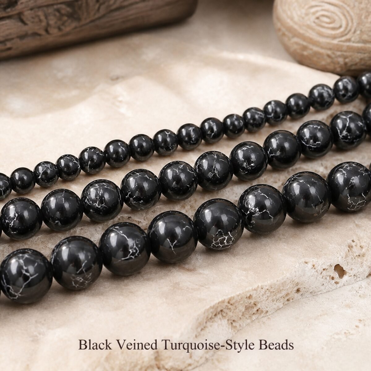 Premium Natural Black-Veined Turquoise Beads for DIY Mala Making