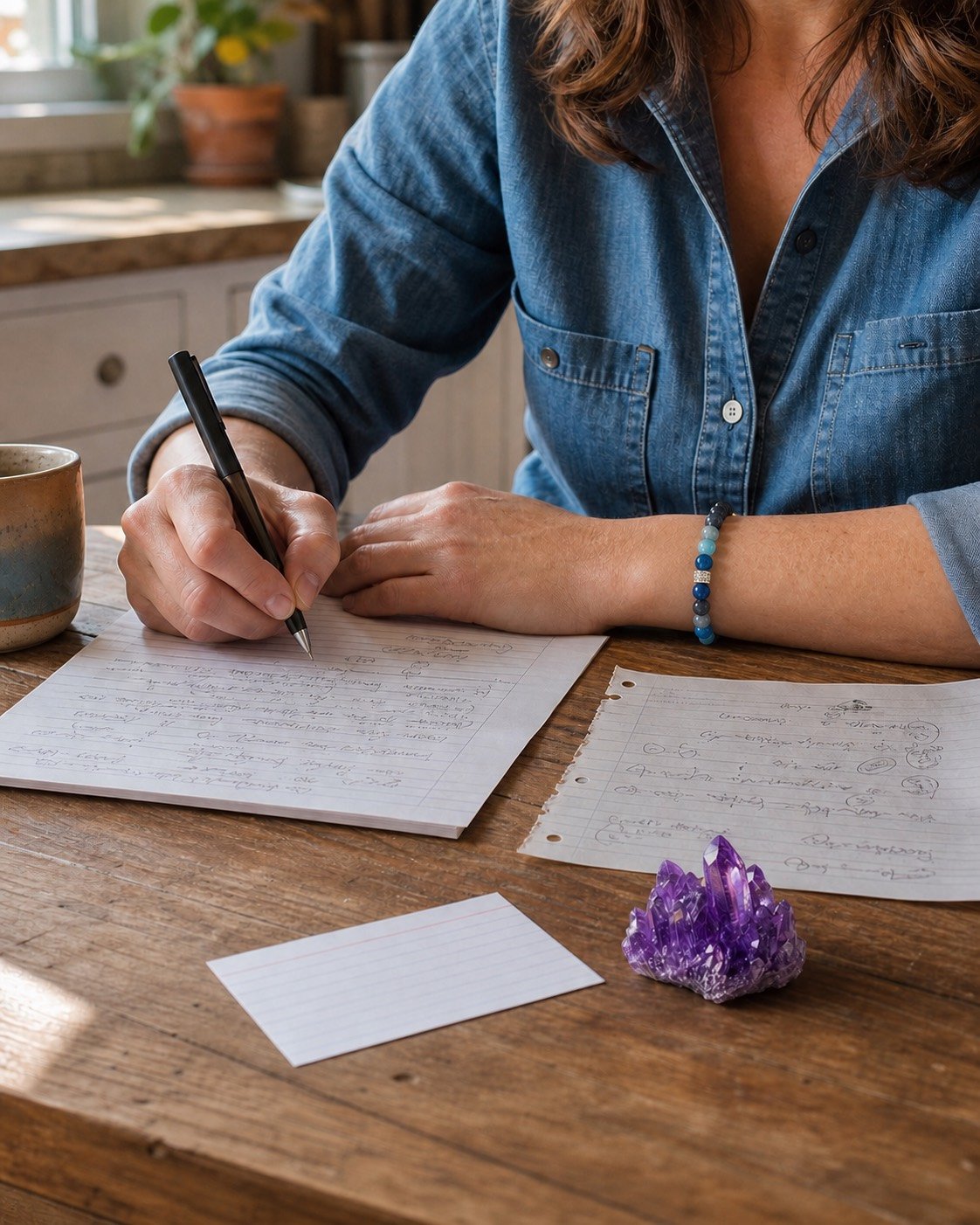 A woman separates decision notes beside blue and purple mineral cues