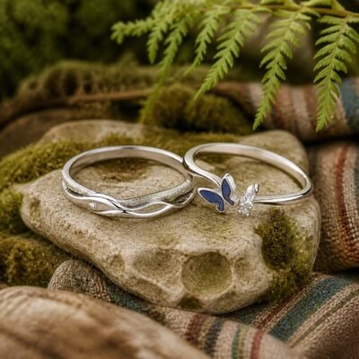 blue-butterfly-promise-rings-01-main Blue Butterfly Promise Rings with a blue enamel butterfly ring and wave-style companion band