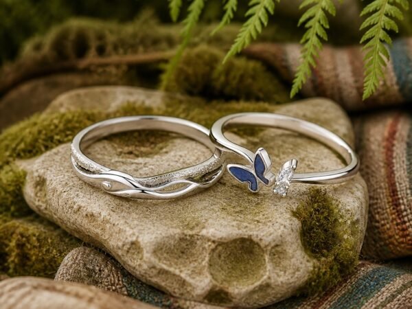 blue-butterfly-promise-rings-01-main Blue Butterfly Promise Rings with a blue enamel butterfly ring and wave-style companion band