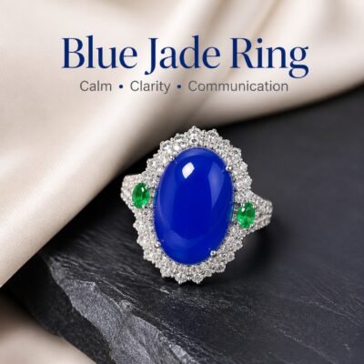 Blue Jade Serenity Ring with an oval blue cabochon, halo of clear accent stones and small green side stones.