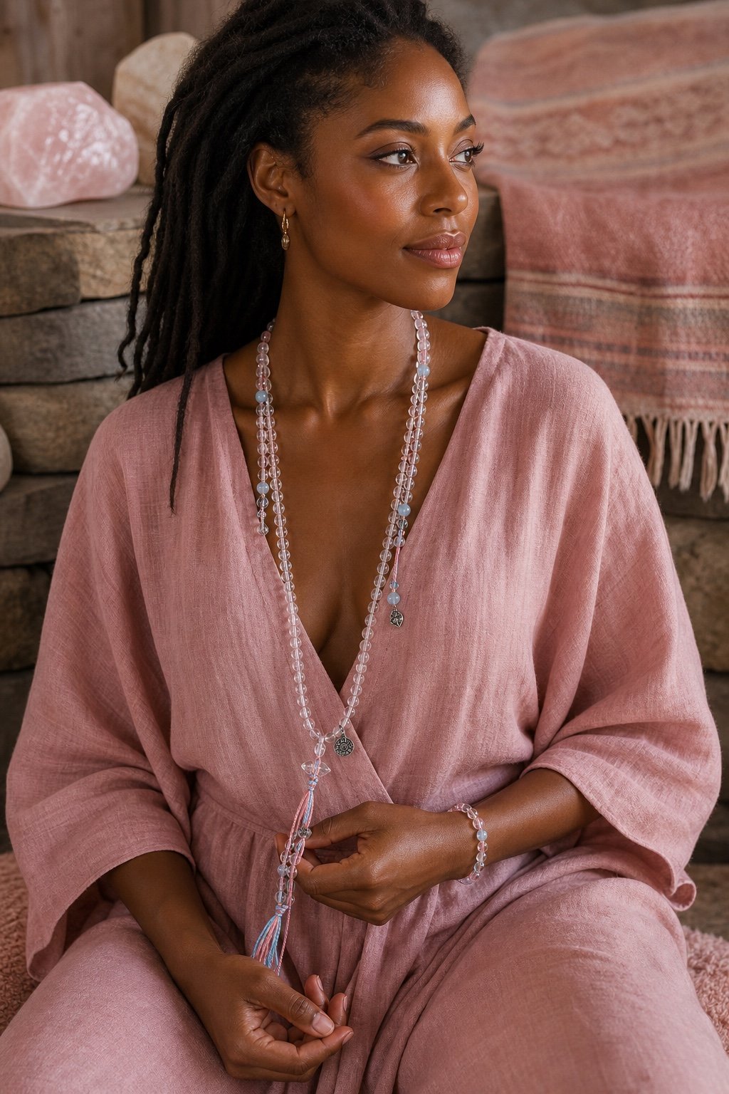 Blush Clear Quartz Tassel Mala
