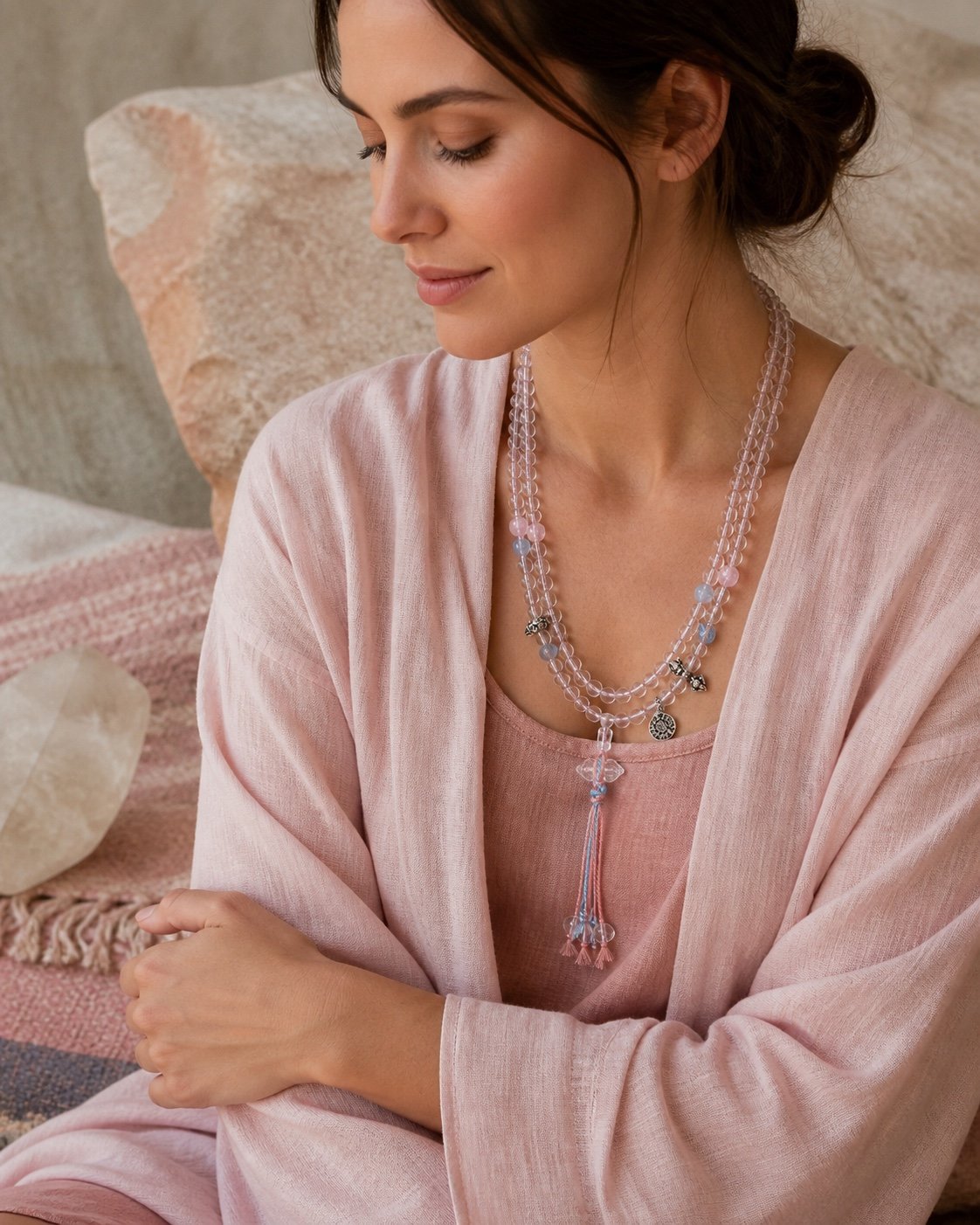Blush Clear Quartz Tassel Mala