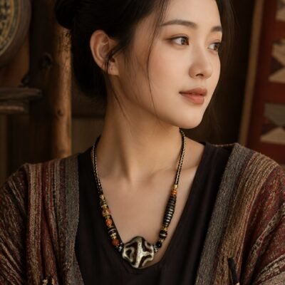 Six-Eye Dzi Necklace with 33 mm Buddha-heart drum bead in layered cords