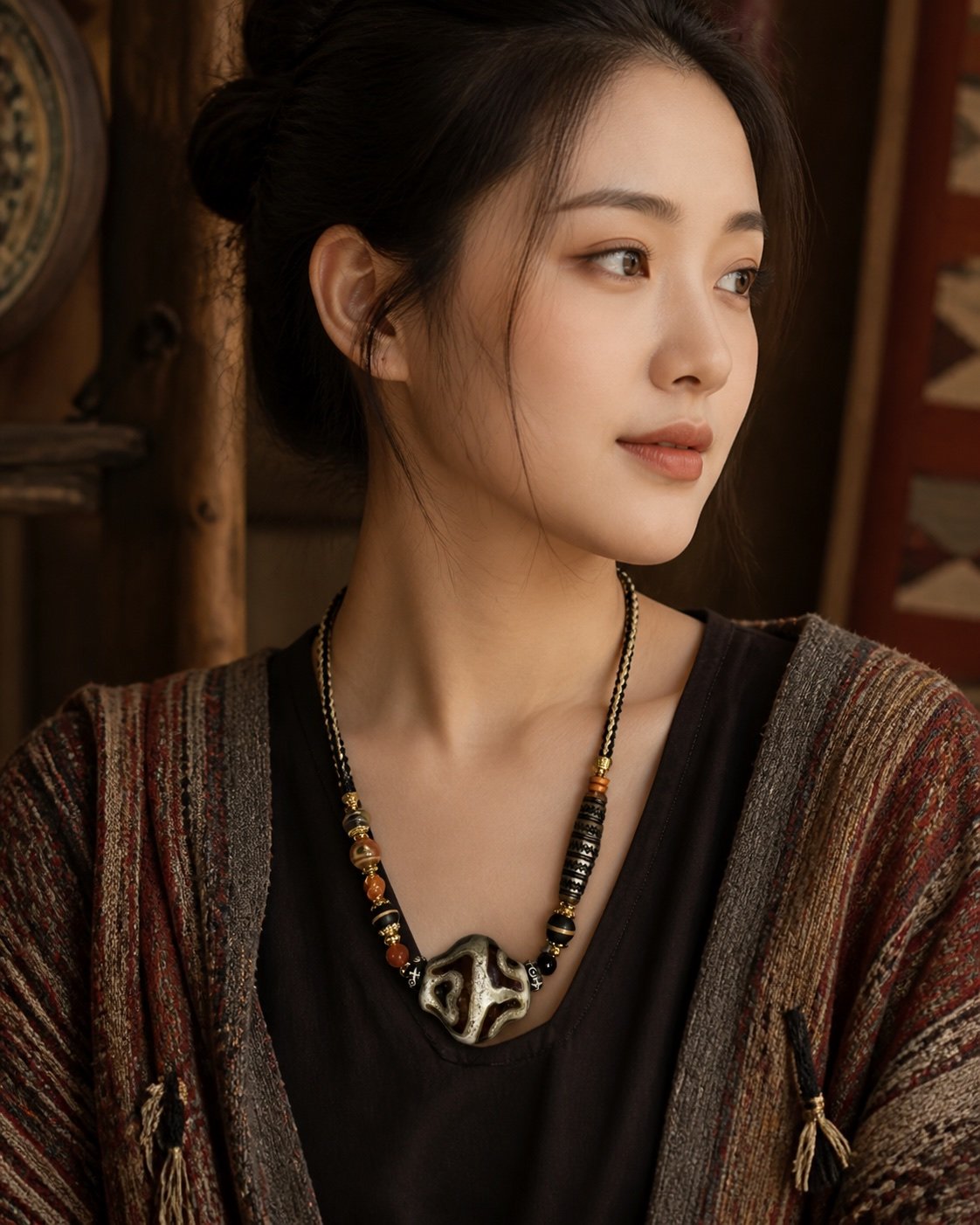 Six-Eye Dzi Necklace with 33 mm Buddha-heart drum bead in layered cords