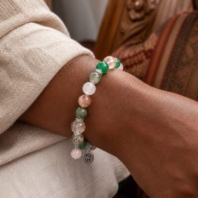 Green Stone Talisman Bracelet with green agate, rutilated quartz, and blessing pendant