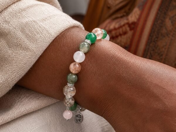 Green Stone Talisman Bracelet with green agate, rutilated quartz, and blessing pendant