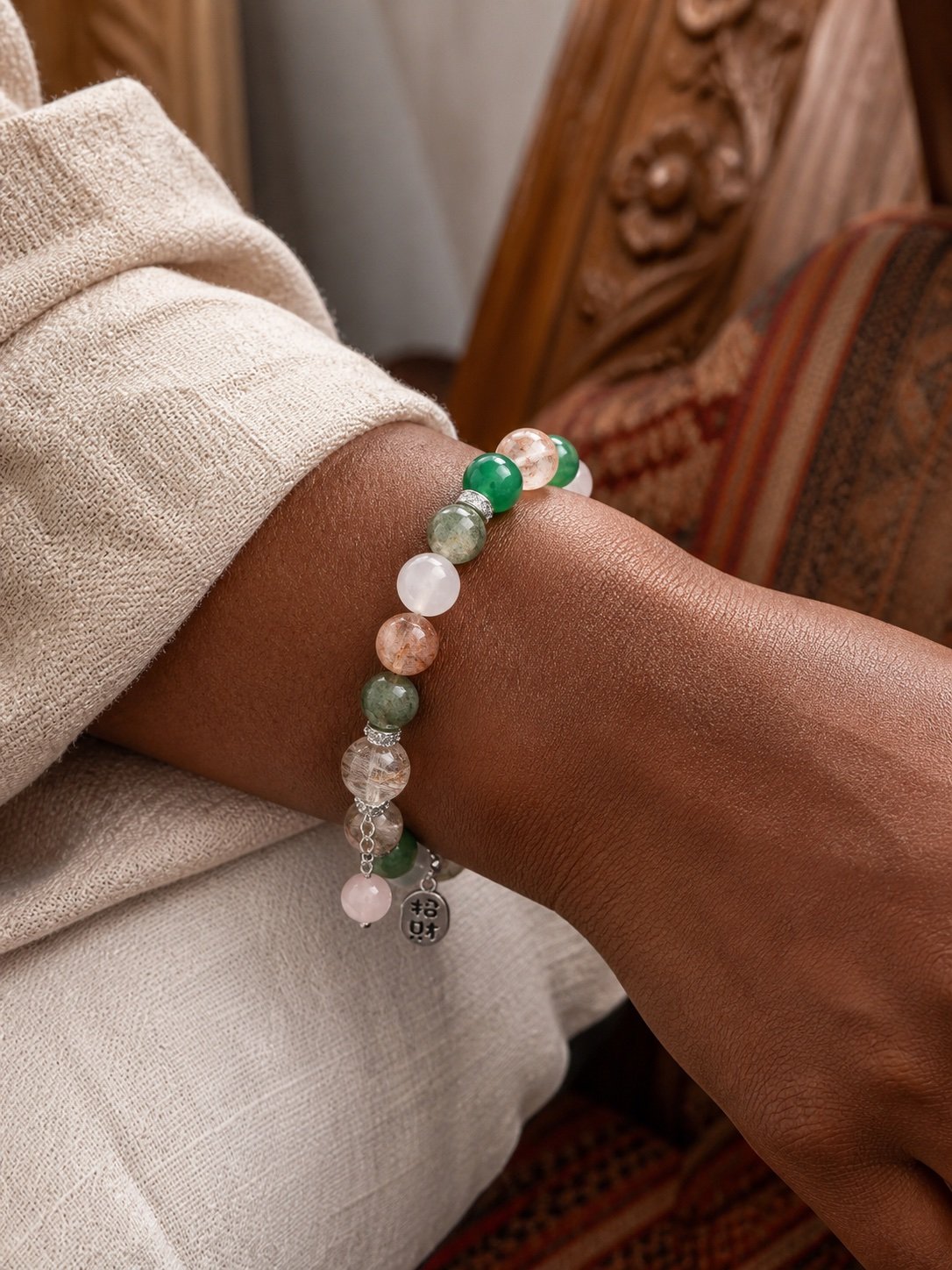 Green Stone Talisman Bracelet with green agate, rutilated quartz, and blessing pendant