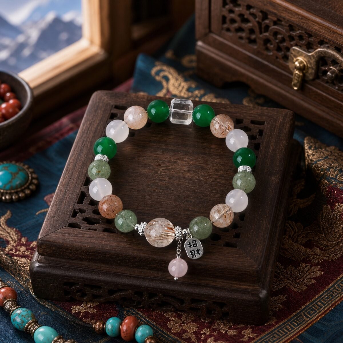 Green Stone & Rutilated Crystal Talisman Bracelet