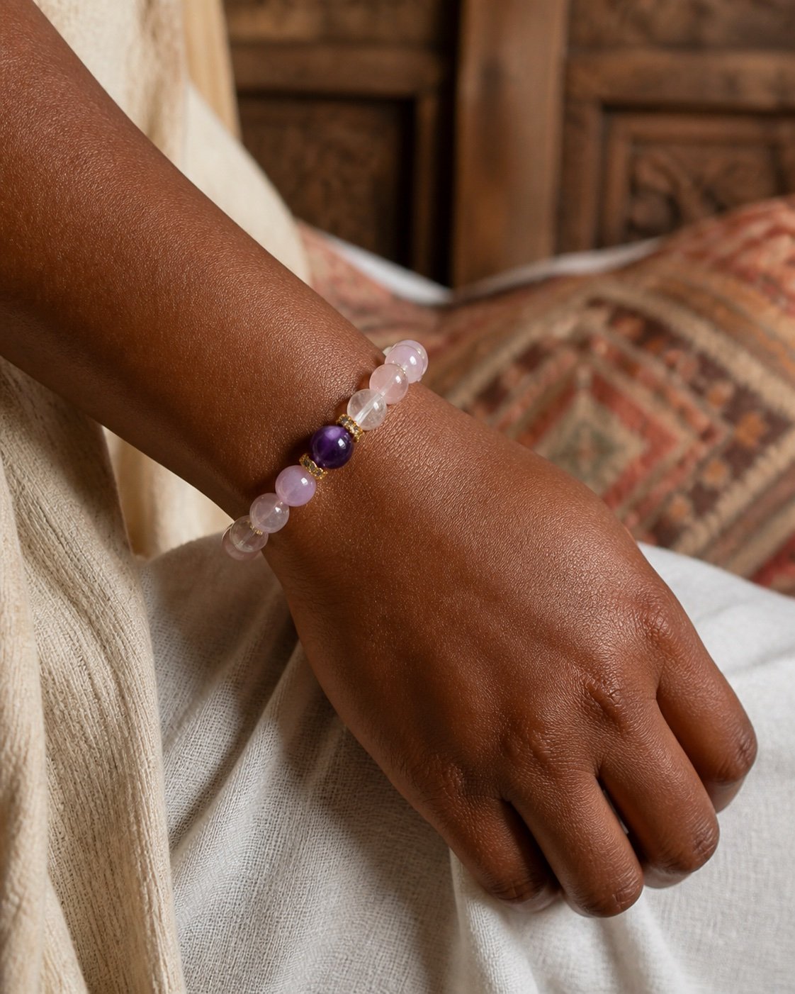 Rose Quartz, Amethyst & Clear Crystal Bow Bracelet