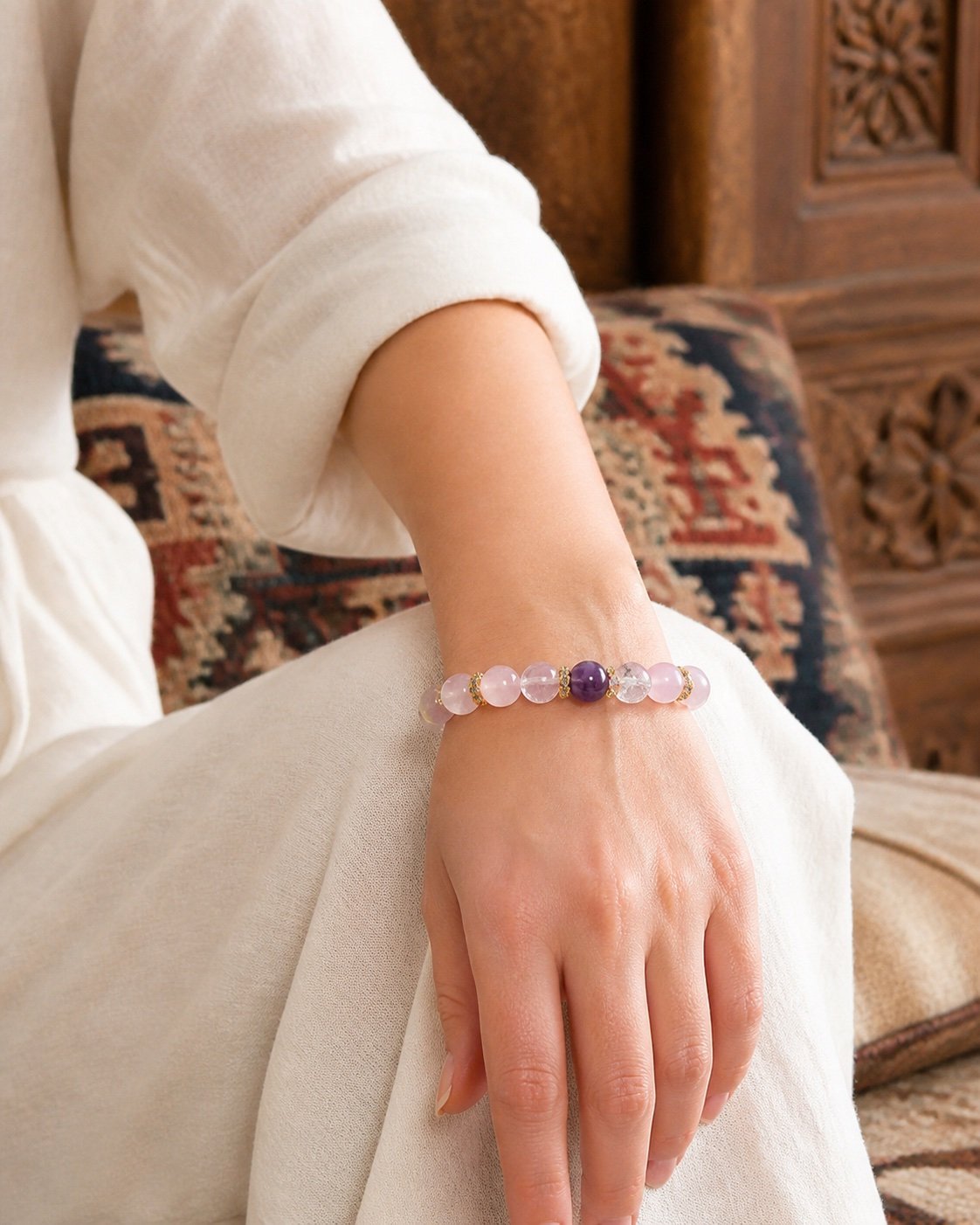 Rose Quartz, Amethyst & Clear Crystal Bow Bracelet